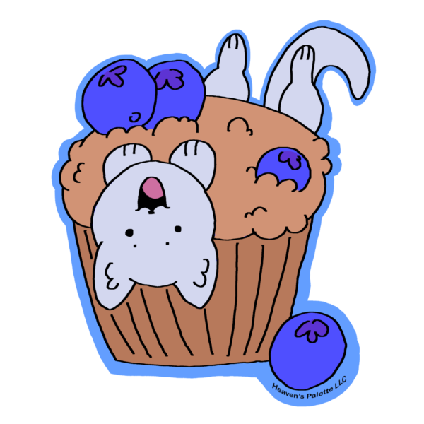 A cute, happy cat baked into a blueberry muffin sticker.